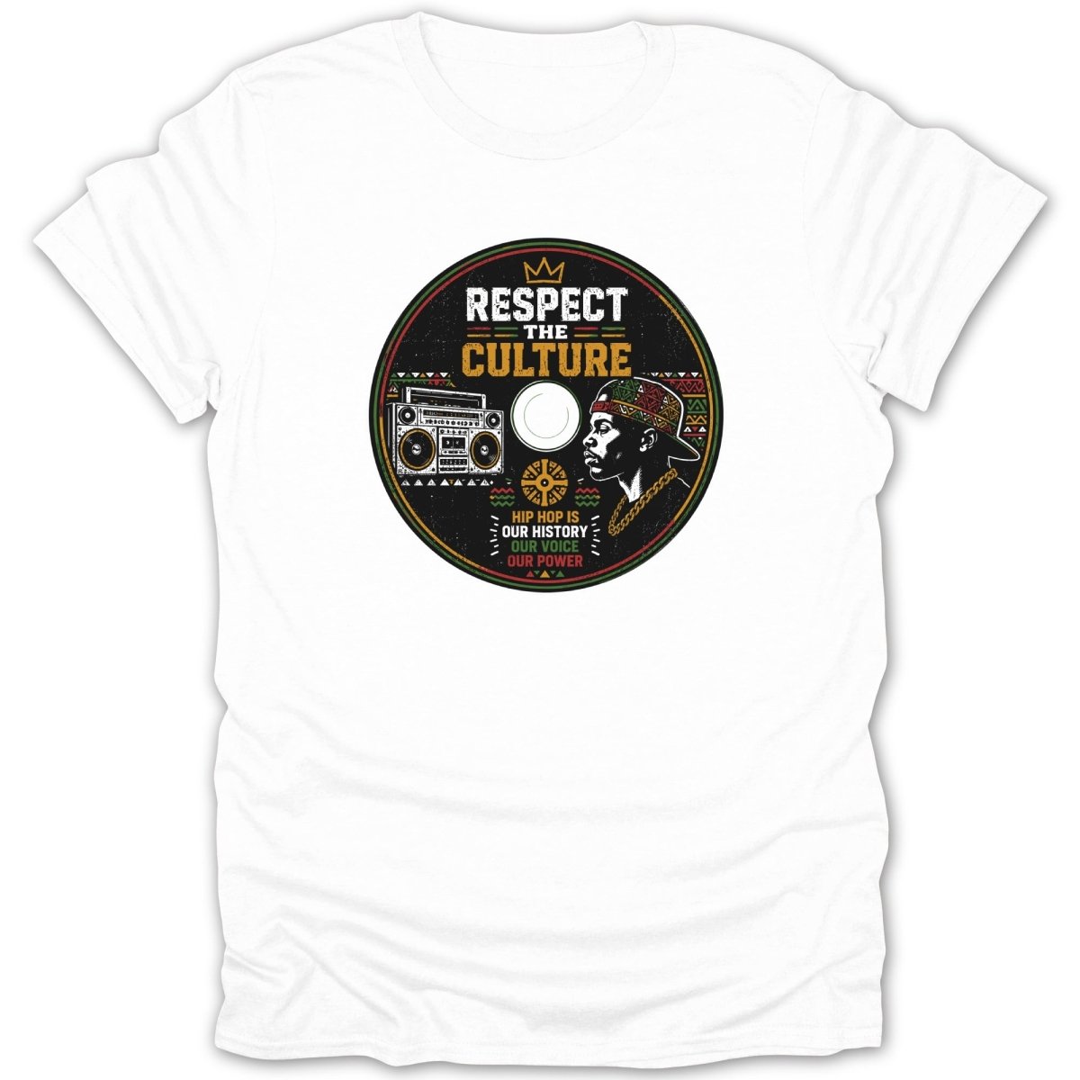 White t-shirt with a circular design: "Respect The Culture" and hip hop imagery.