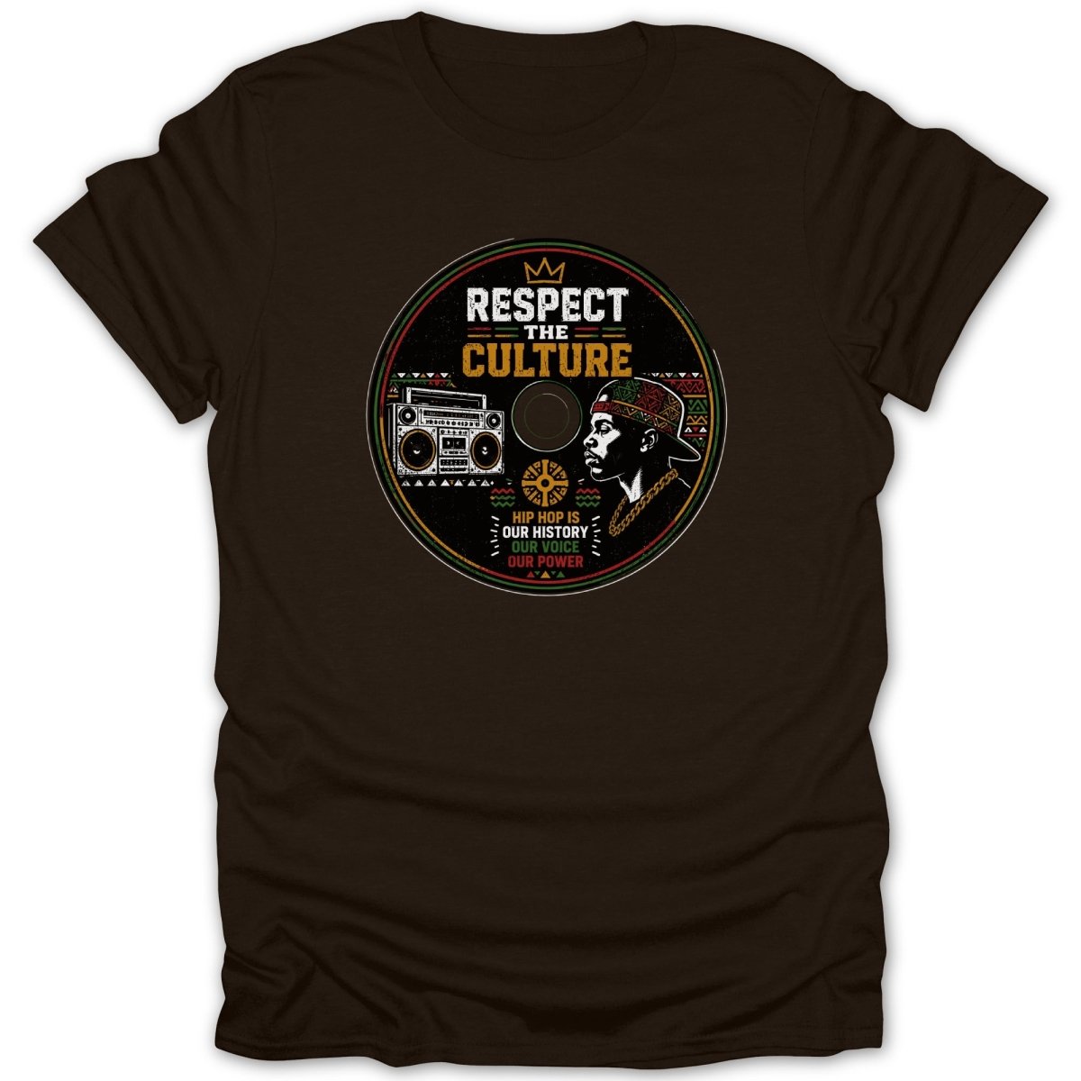 T-shirt with circular graphic: "Respect the Culture" and hip hop imagery.