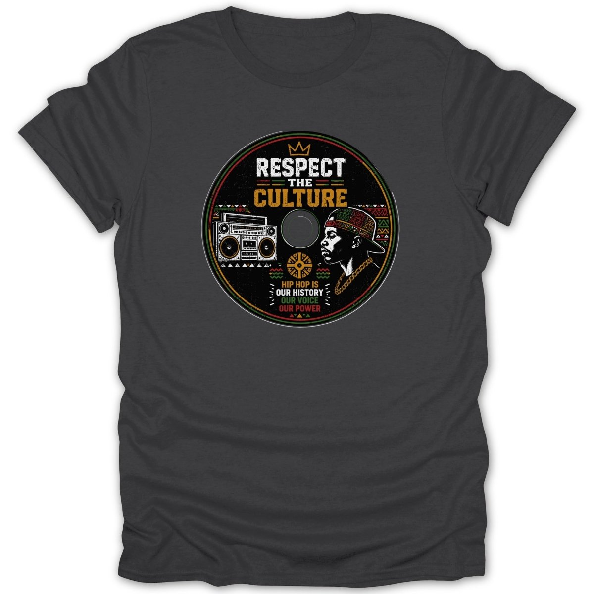T-shirt with graphic: "Respect the Culture," boombox, man, and "Hip Hop is our history."
