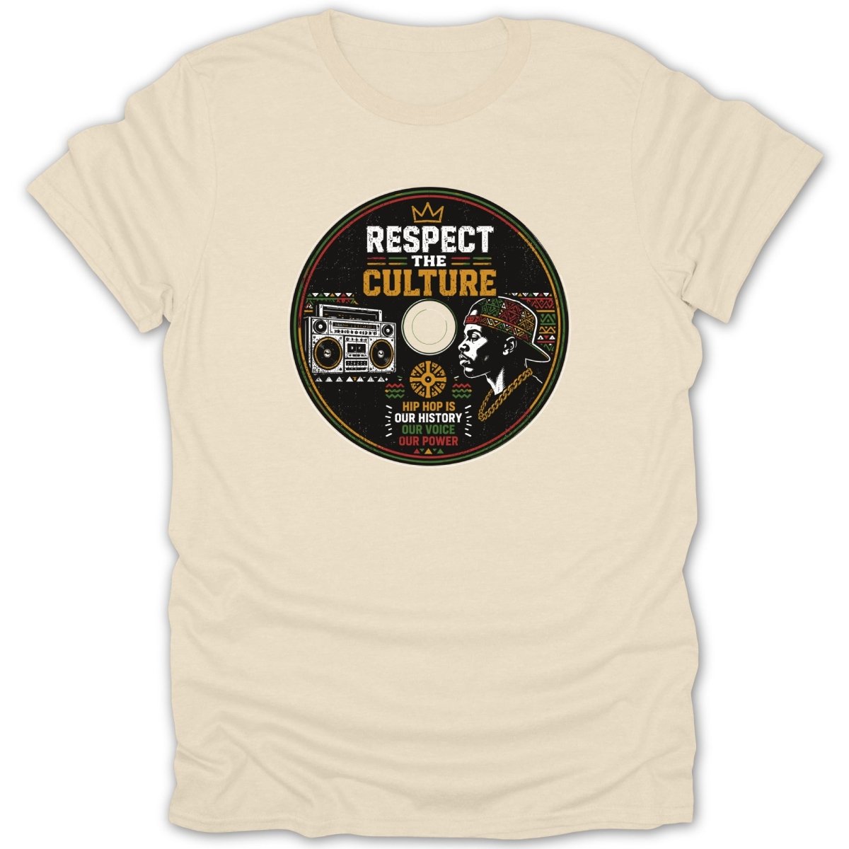 Cream t-shirt with circular graphic featuring "Respect the Culture" and hip hop elements.