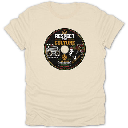 Cream t-shirt with circular graphic featuring "Respect the Culture" and hip hop elements.