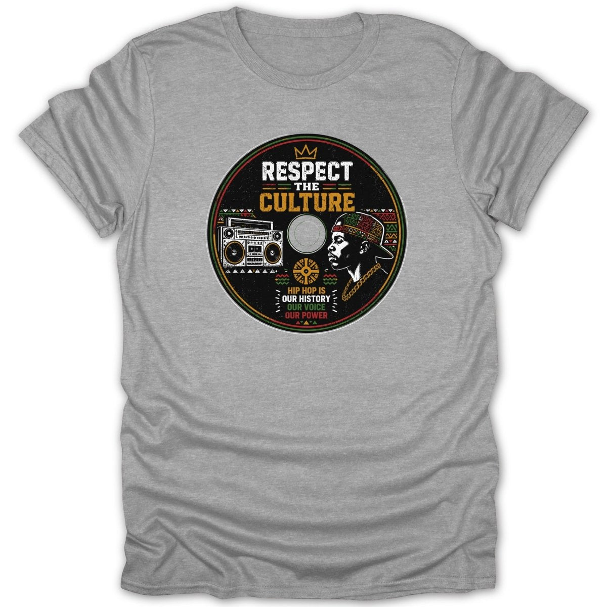 Gray t-shirt with "Respect The Culture" hip hop design featuring a boombox and man.