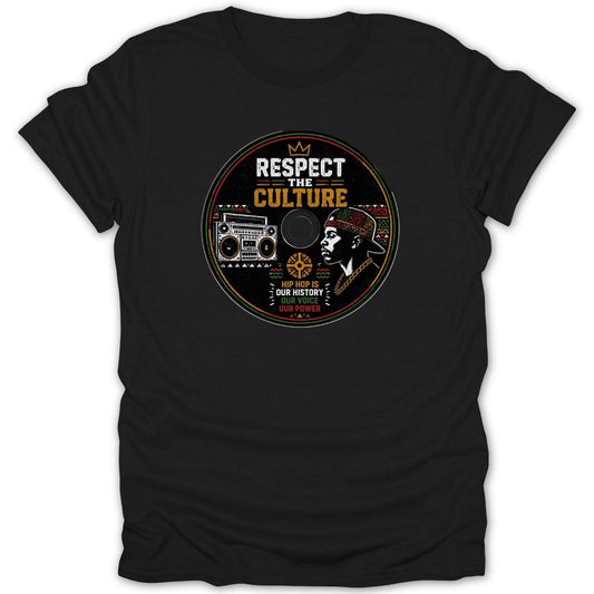 Black t-shirt with circular graphic: "Respect the Culture," boombox, and rapper.