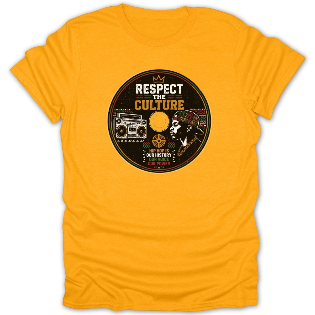 Yellow t-shirt with a circular design "Respect the Culture" and hip hop graphic.