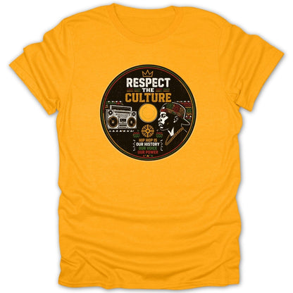 Yellow t-shirt with a circular design "Respect the Culture" and hip hop graphic.
