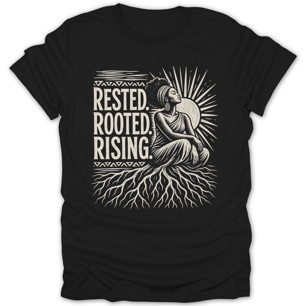 Text graphic with woman on roots, sun, "Rested. Rooted. Rising."
