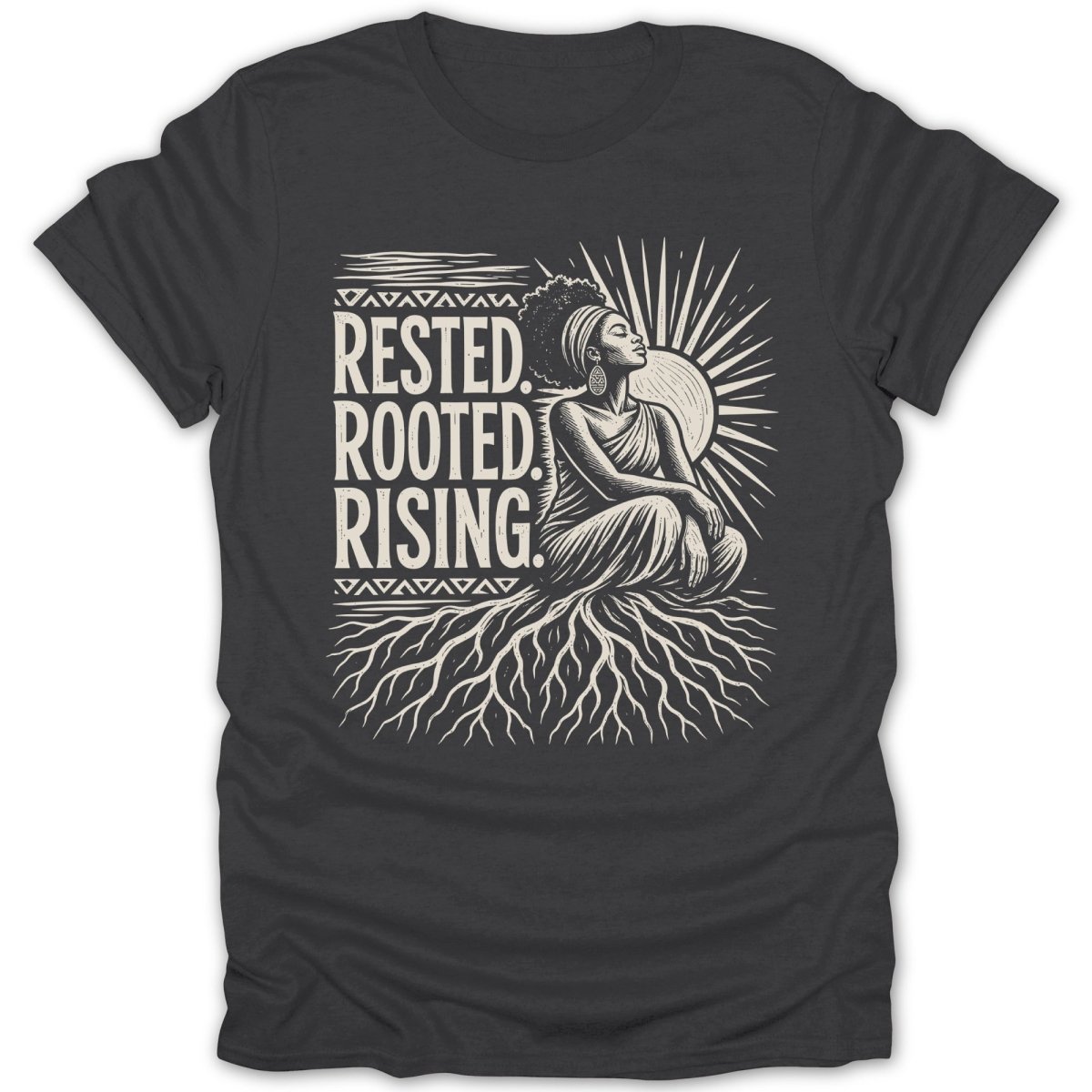 Woman seated with roots below and sun behind, text "Rested. Rooted. Rising."