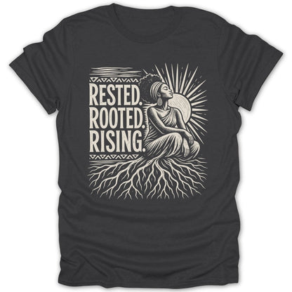 Woman seated with roots below and sun behind, text "Rested. Rooted. Rising."