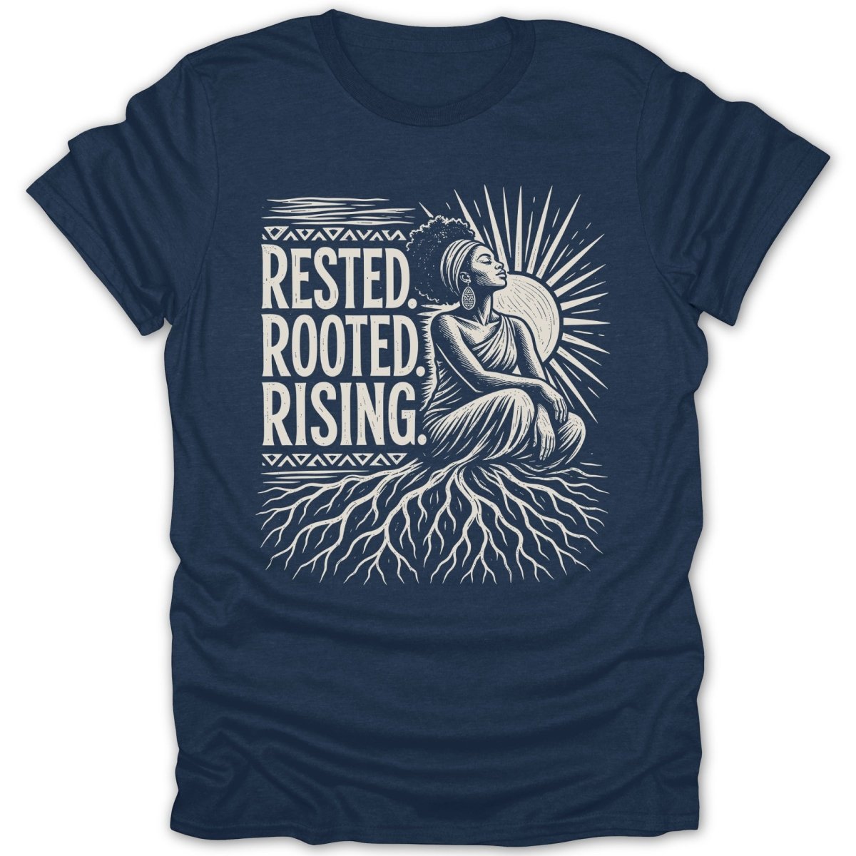 Rested. Rooted. Rising. design with woman sitting on tree roots, sunburst.