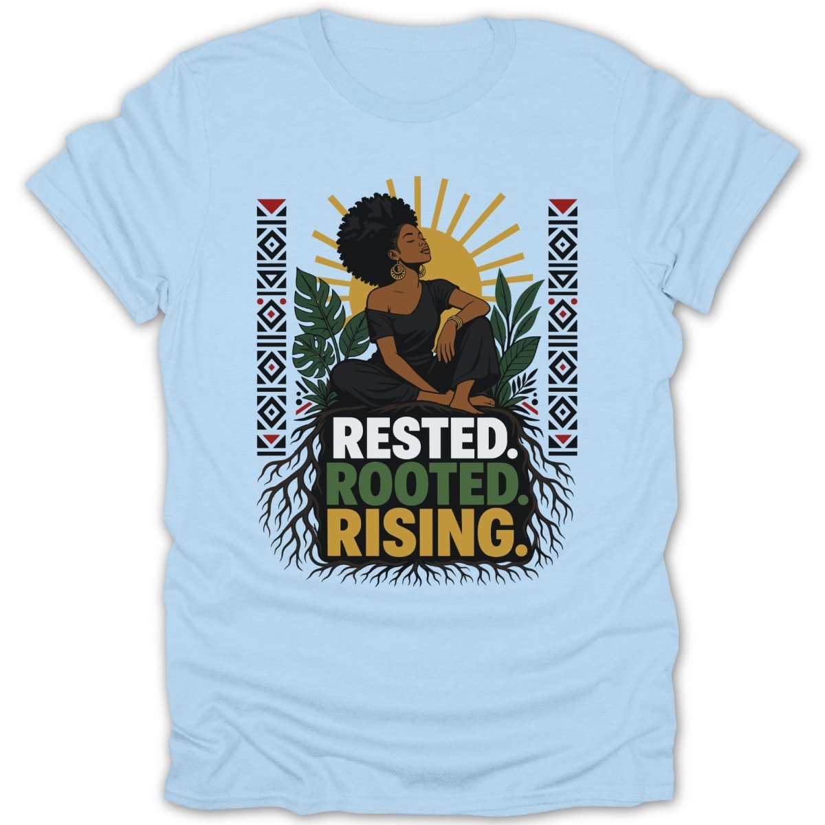 Woman sitting with sun and roots graphic, "Resting. Rooted. Rising." text.