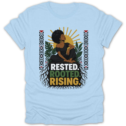 Woman sitting with sun and roots graphic, "Resting. Rooted. Rising." text.