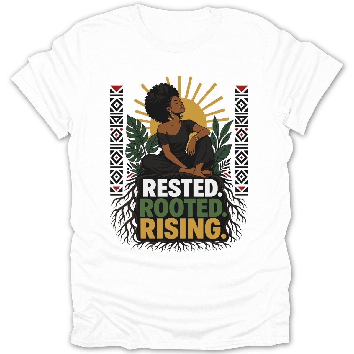 Woman with afro and plants with text "Rested. Rooted. Rising."
