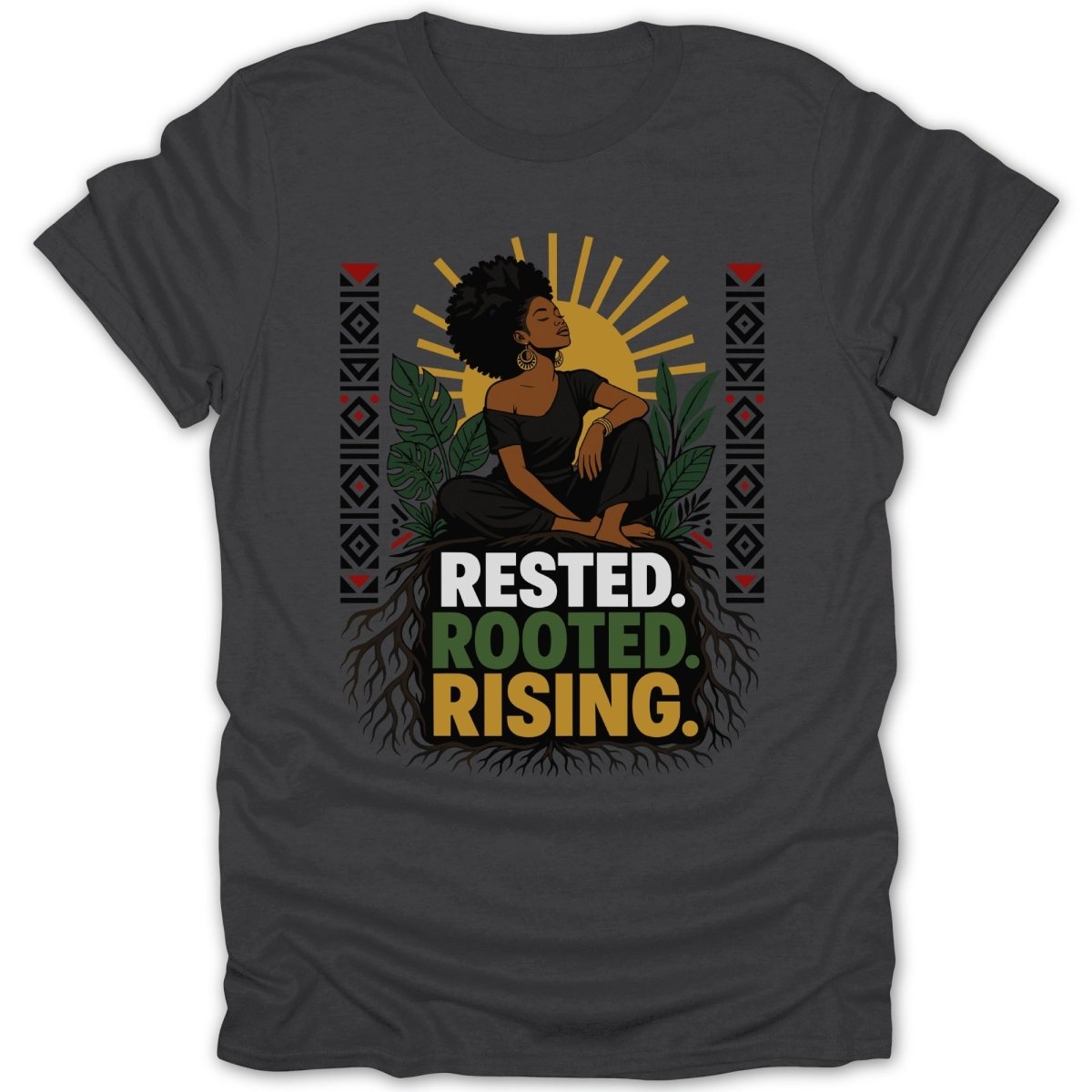 Woman with afro sits among plants with text: Rested. Rooted. Rising.