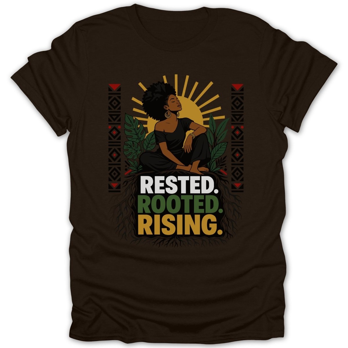 Brown t-shirt with graphic of woman, sun, plants, roots, and text "Rested. Rooted. Rising."