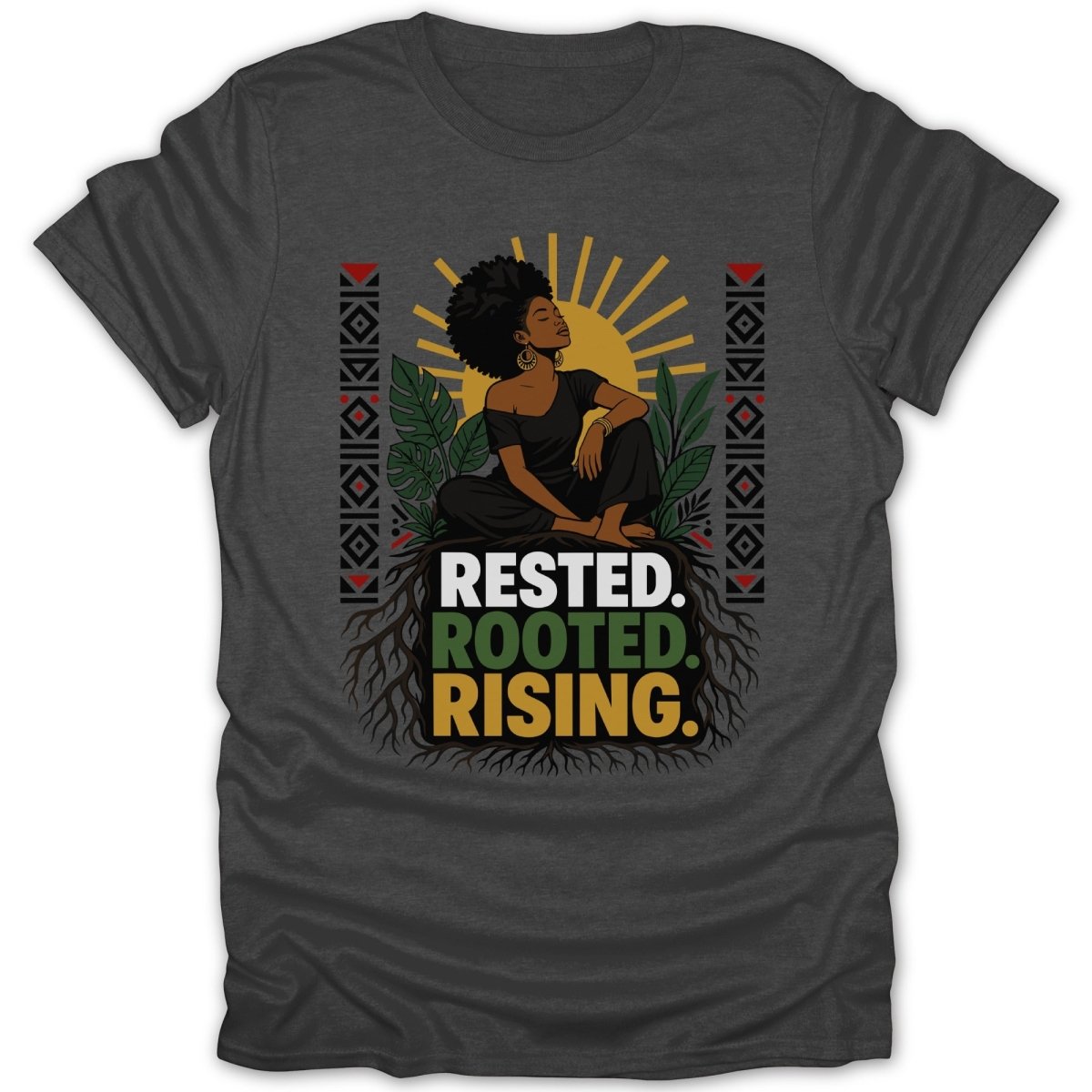 Woman with afro sits at roots of tree, sun behind her, text reads RESTED. ROOTED. RISING.