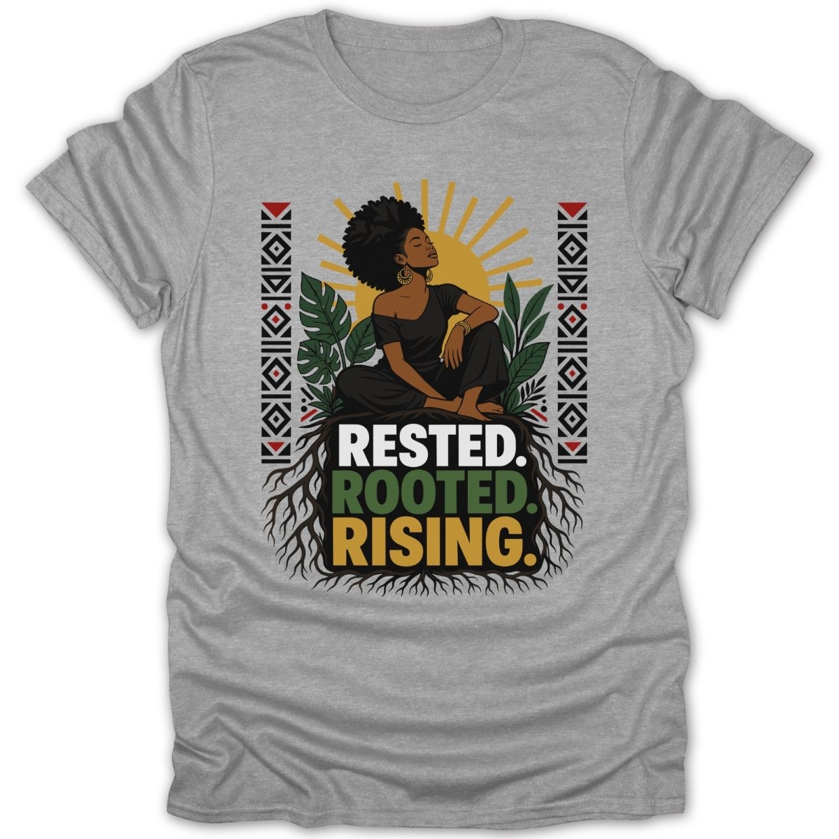 Woman with afro sits by roots with text "RESTED. ROOTED. RISING."