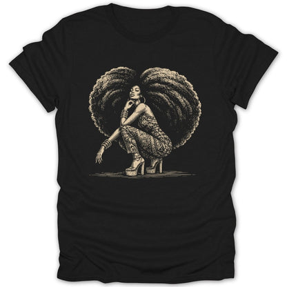 Black t-shirt with a vintage illustration of a woman with large afro hair crouching.
