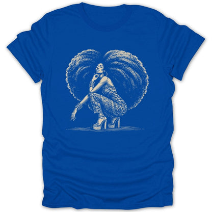 Blue t-shirt with illustration of a woman with a large afro, squatting.