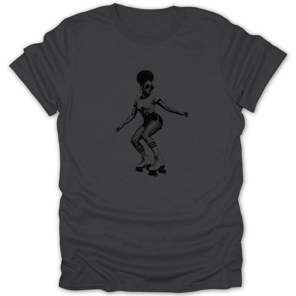 Black graphic of a woman roller skating with an afro and sunglasses.