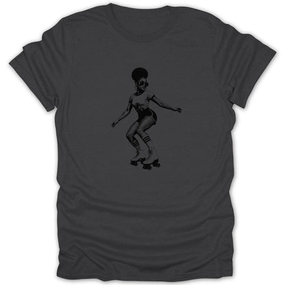 Black graphic of a woman roller skating with an afro and sunglasses.
