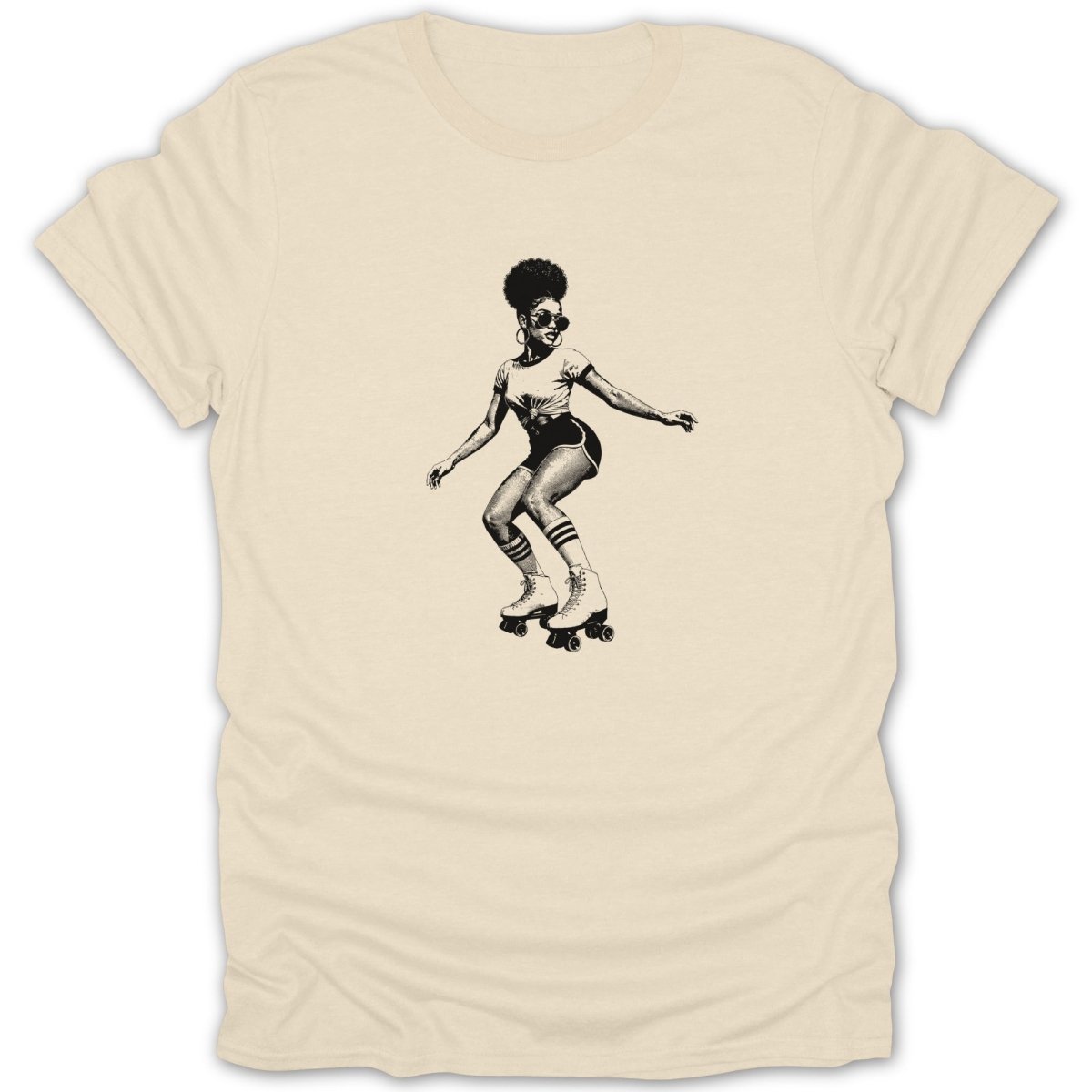 Black and white graphic of a woman with afro, sunglasses, and roller skates.