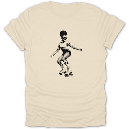 Black and white graphic of a woman with afro, sunglasses, and roller skates.