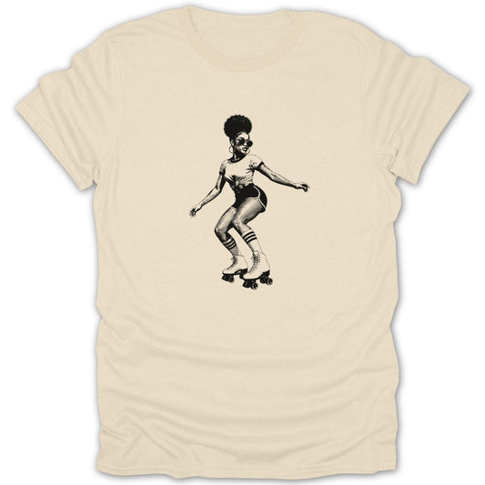Black and white graphic of a woman with afro, sunglasses, and roller skates.