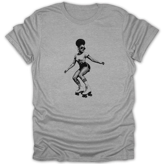 Black and white graphic of a woman wearing roller skates and athletic shorts.