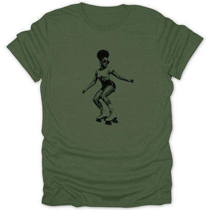 Black and white graphic of a woman roller skating in retro style on a green t-shirt.