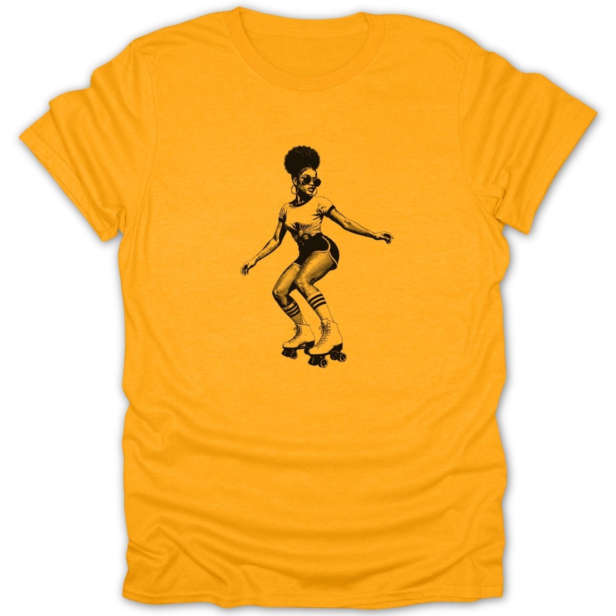 Black graphic of woman roller skating on orange t-shirt