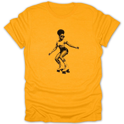 Black graphic of woman roller skating on orange t-shirt