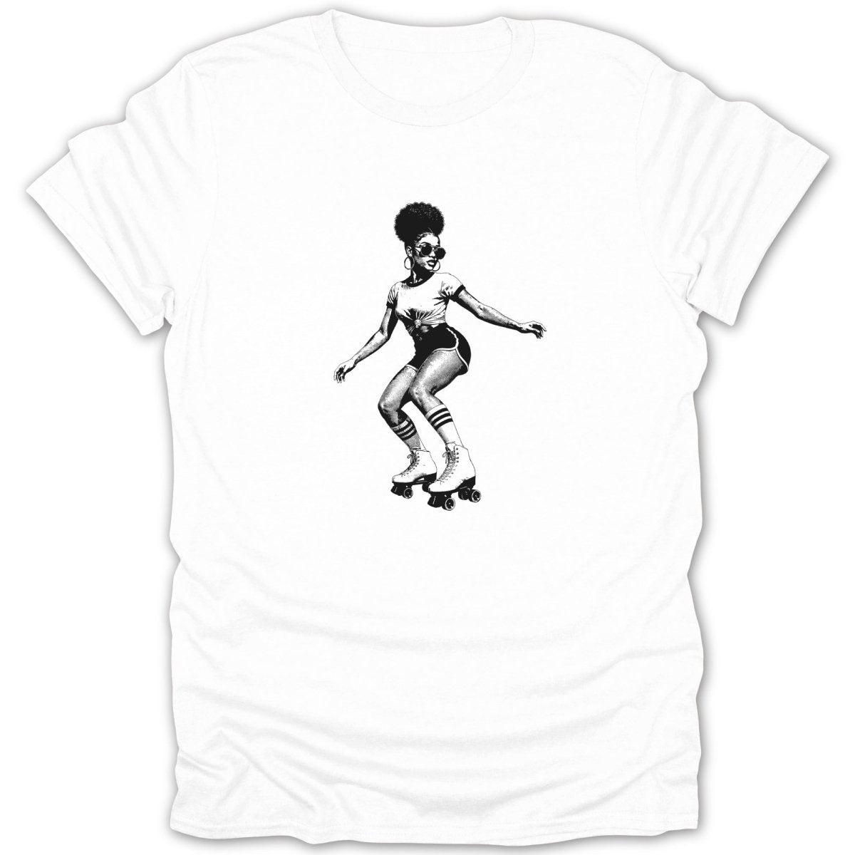 Black and white graphic of a woman roller skating in retro athletic wear.