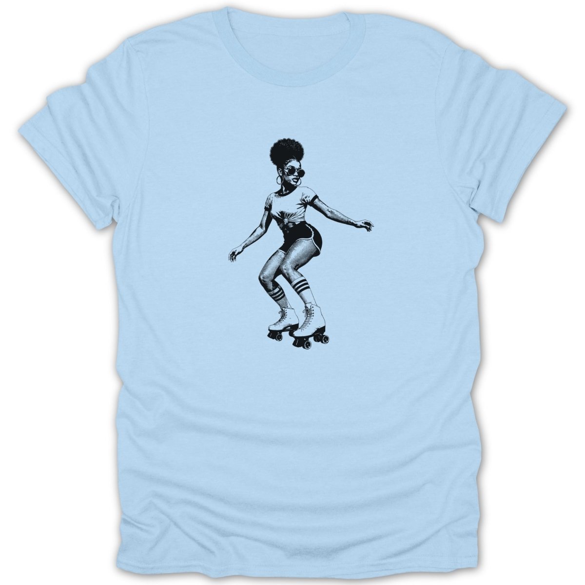 Black and white illustration of a woman roller skating with large hoop earrings and sunglasses on a light blue t-shirt.
