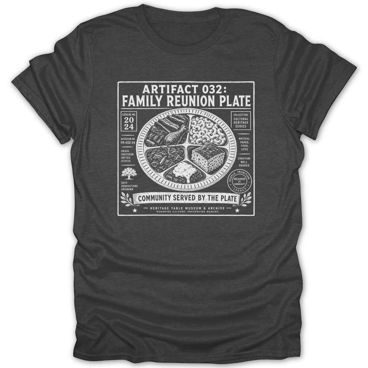 T-shirt graphic with a plate of food and text "Artifact 032: Family Reunion Plate."