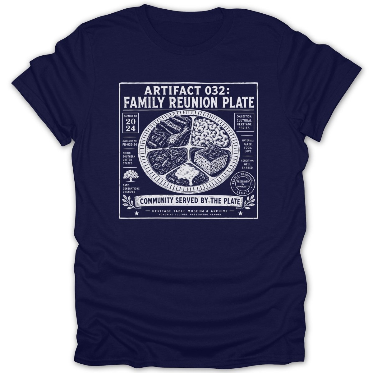 Navy t-shirt with "Artifact 032: Family Reunion Plate" graphic and food illustration.