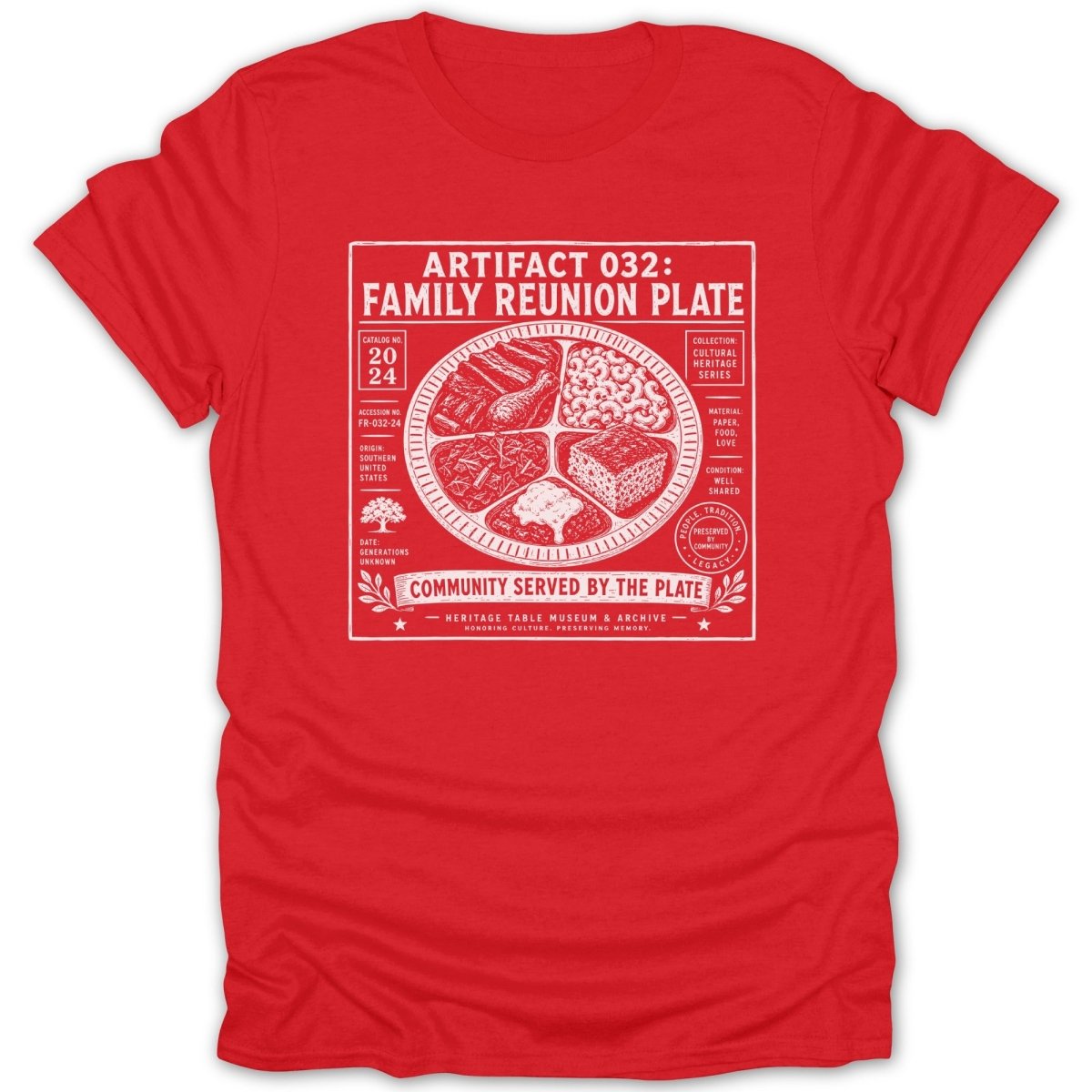 Red t-shirt with white print describing a family reunion plate artifact.