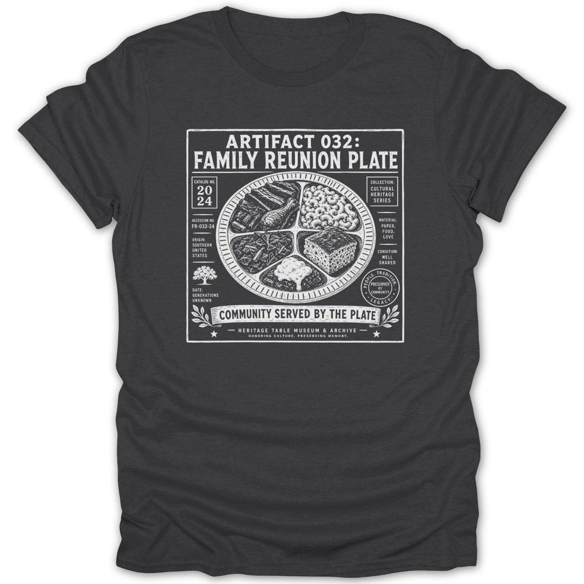 T-shirt graphic: Artifact 032 Family Reunion Plate with food divisions.