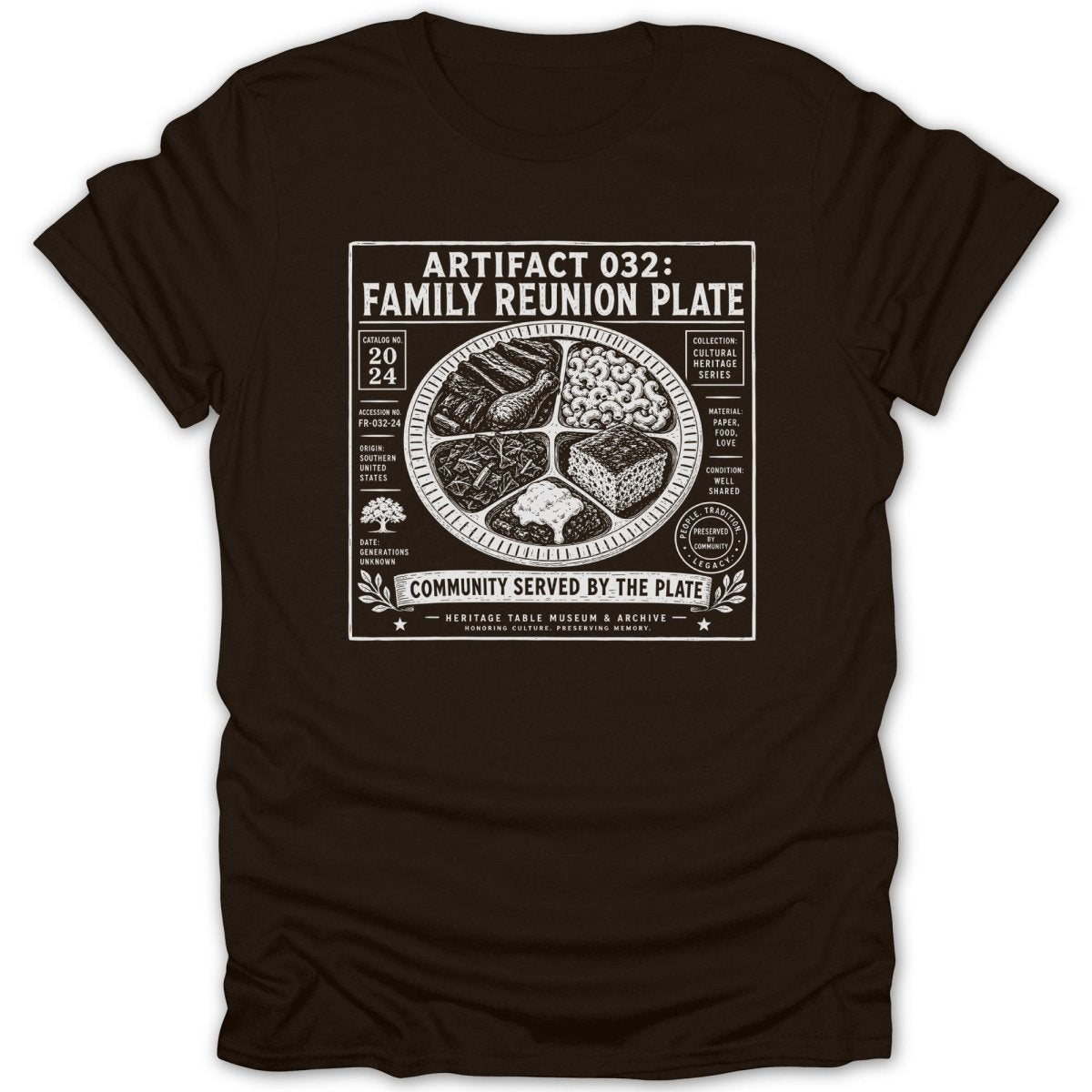 T-shirt with "Artifact 032: Family Reunion Plate" graphic featuring a plate of food.