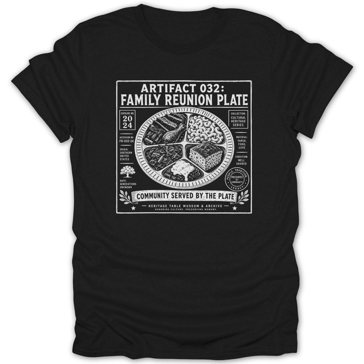 Artifact 032: Family Reunion Plate on black t-shirt.