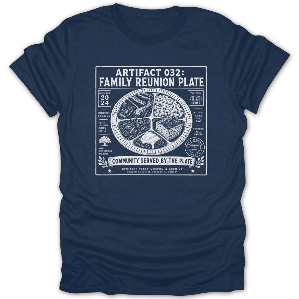 Navy t-shirt with white print of Artifact 032: Family Reunion Plate.