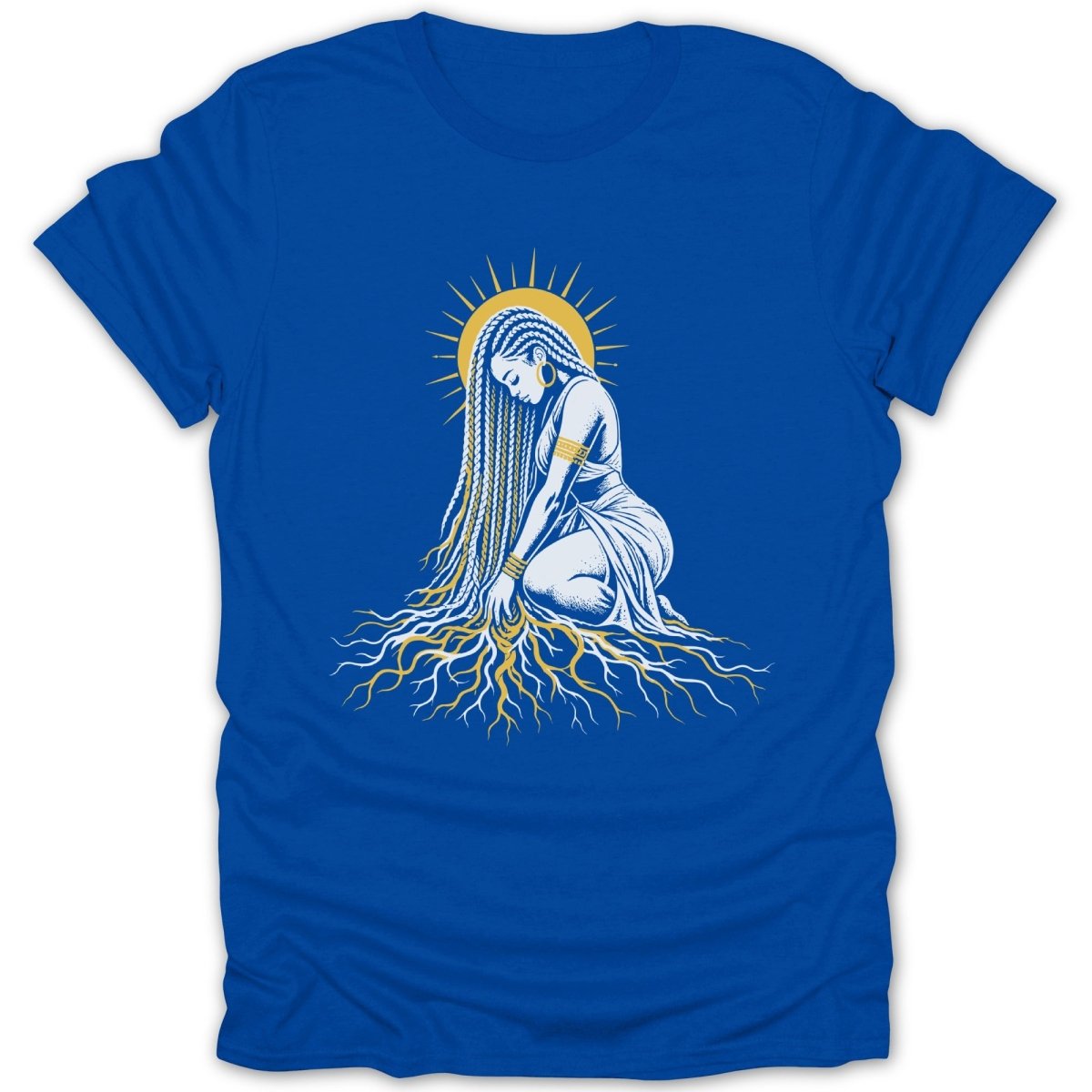 Illustration of woman with braids and roots, on a royal blue t-shirt.