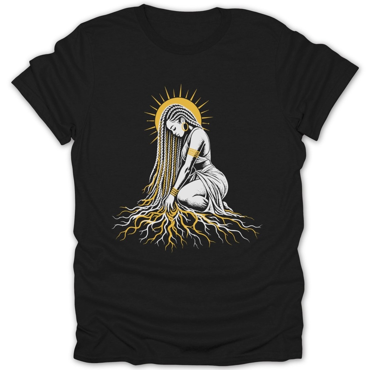 Illustration of woman with long braids kneeling with sun and roots.