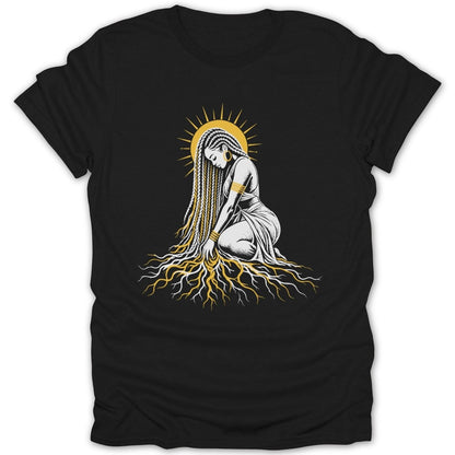 Illustration of woman with long braids kneeling with sun and roots.