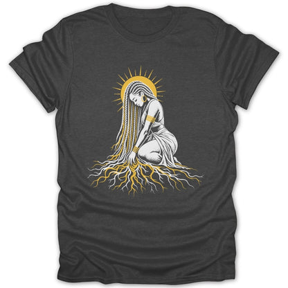 Illustration of woman with long braids and sunburst, rooted with branches.