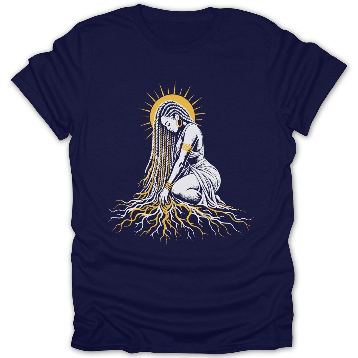 Woman with long braids and sun halo kneeling with roots growing from her hair.