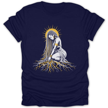 Woman with long braids and sun halo kneeling with roots growing from her hair.