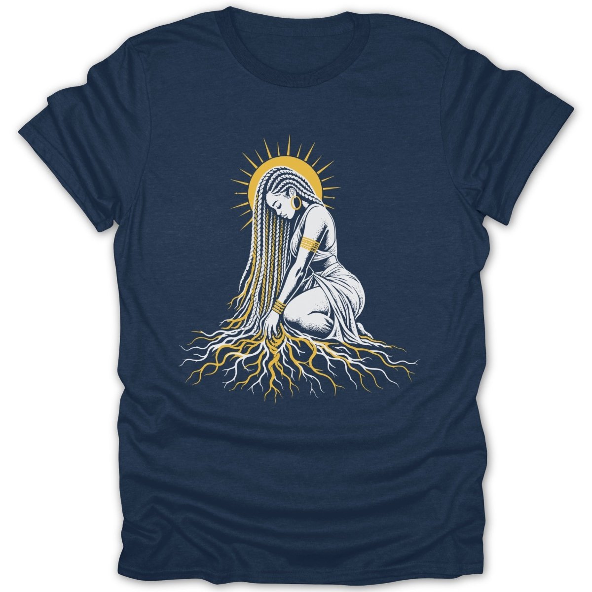 Woman with long braided hair and roots below, centered on a navy t-shirt.
