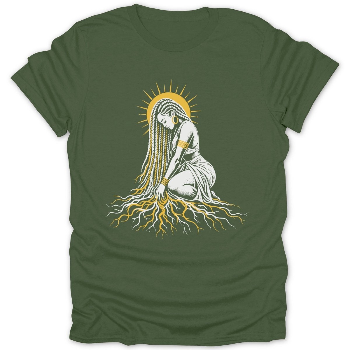 Woman with long braids and roots, set against a sunburst.