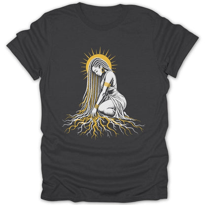 Woman with long braided hair kneeling with roots and a sunburst graphic.