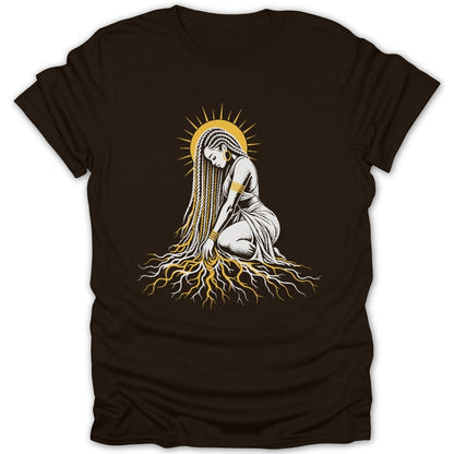Illustration of woman with long braids and roots connecting to a sun.